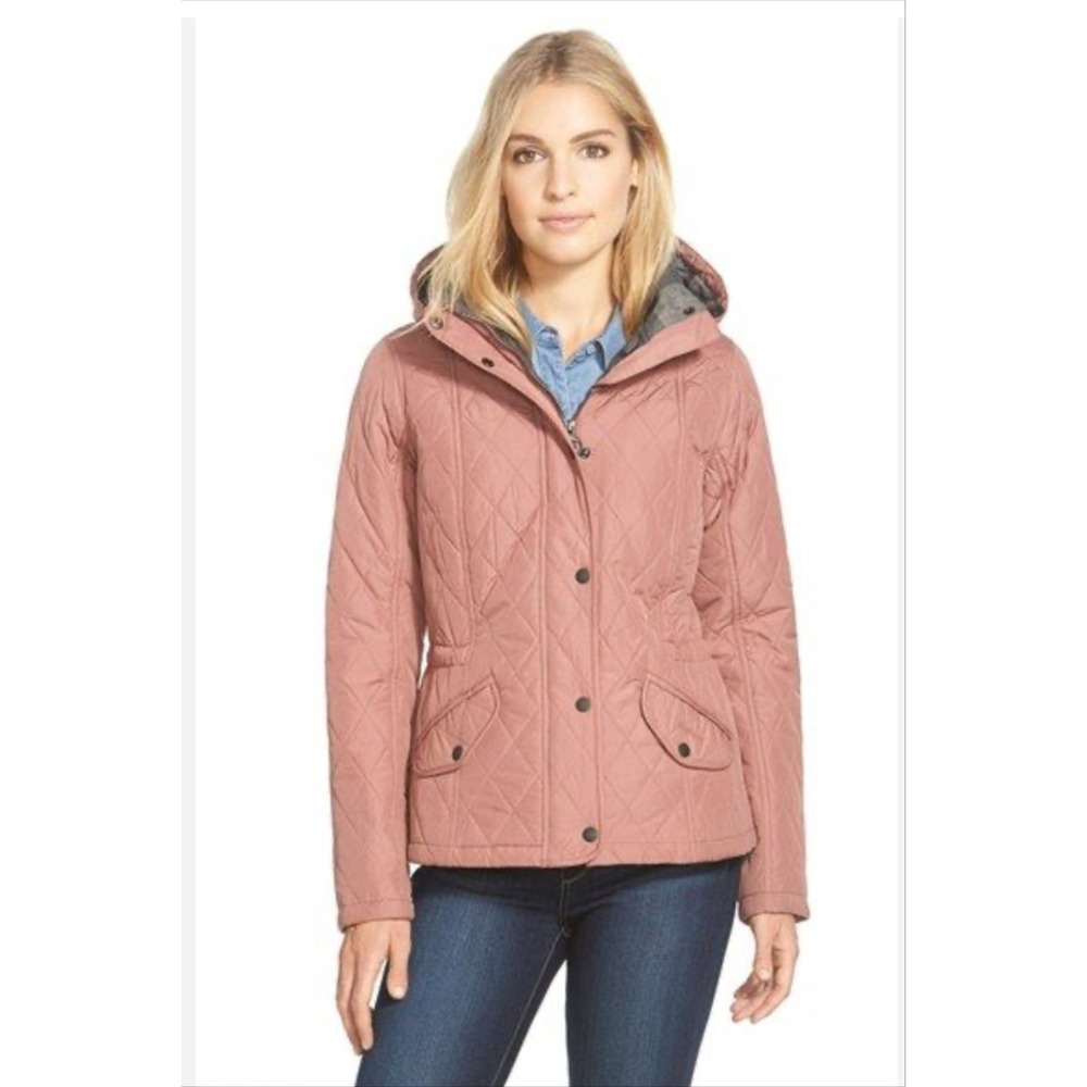 Barbour Millfire Quilt Jacket Womens 8 Pink Hooded Winter Tartan Lined